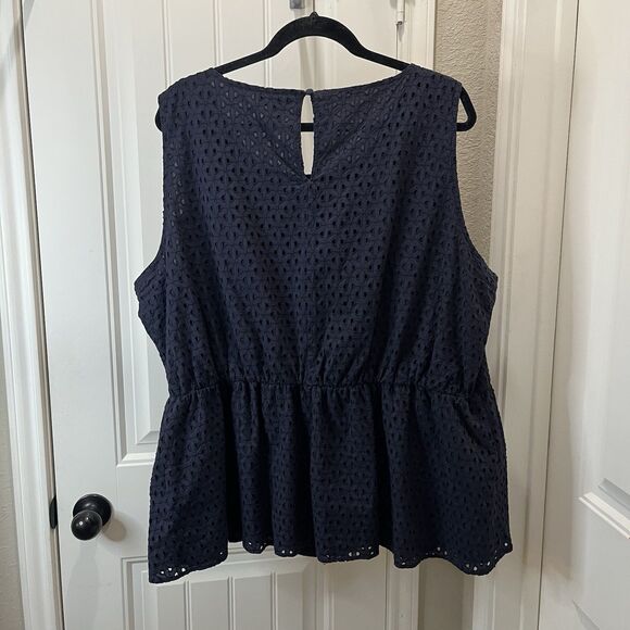 Lane Bryant Eyelet Sleeveless Peplum Top Tank Womens Size 22 Keyhole Navy Blue - Picture 7 of 10